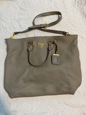 Prada Gray Taupe Pebbled Leather Tote with Gold Hardware